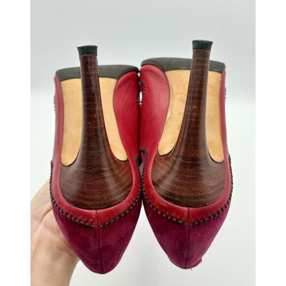 Manolo Blahnik Pink & Red Pointed Toe Heels Suede w/ Tie Accent Vintage Sz EU 37 - Picture 12 of 13